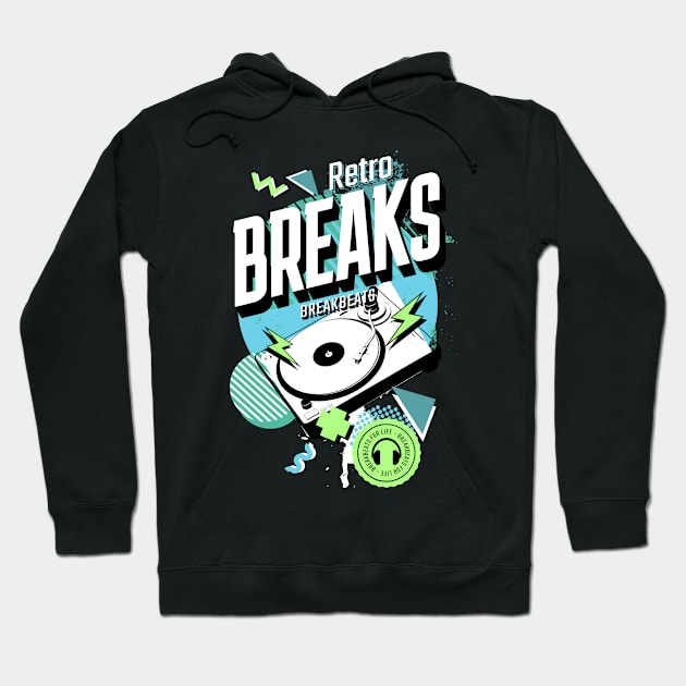 BREAKBEAT  - Retro Breaks Turntable (white/blue/green) Hoodie by DISCOTHREADZ 